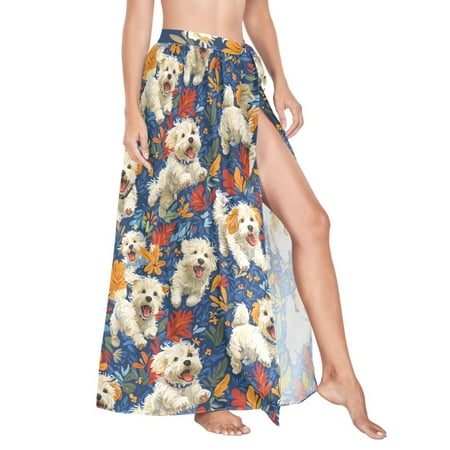 Women Sarong Wraps Cute Dog in Floral Swimsuit Beach Pareo Bikini Coverups Skirt M