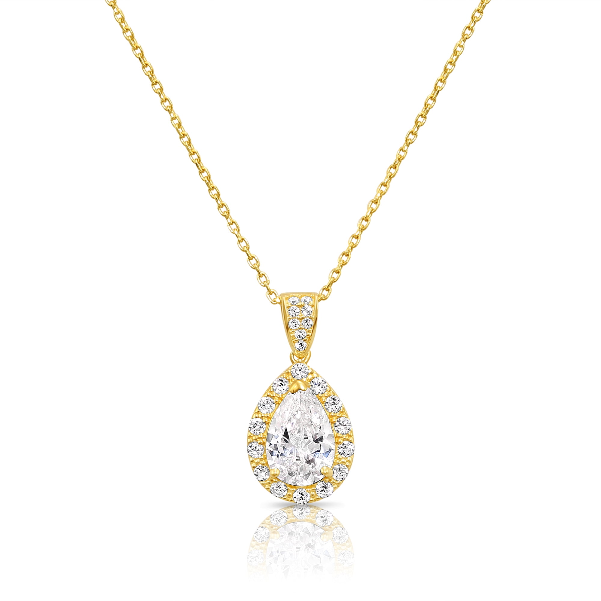 Tilo Jewelry 14K Yellow Gold Pear-Cut Teardrop Halo Pendant Necklace with Cubic Zirconia CZ Stones for Women & Unisex | 18 Inch Cable Chain