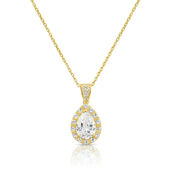 Tilo Jewelry 14K Yellow Gold Pear-Cut Teardrop Halo Pendant Necklace with Cubic Zirconia CZ Stones for Women & Unisex | 18 Inch Cable Chain