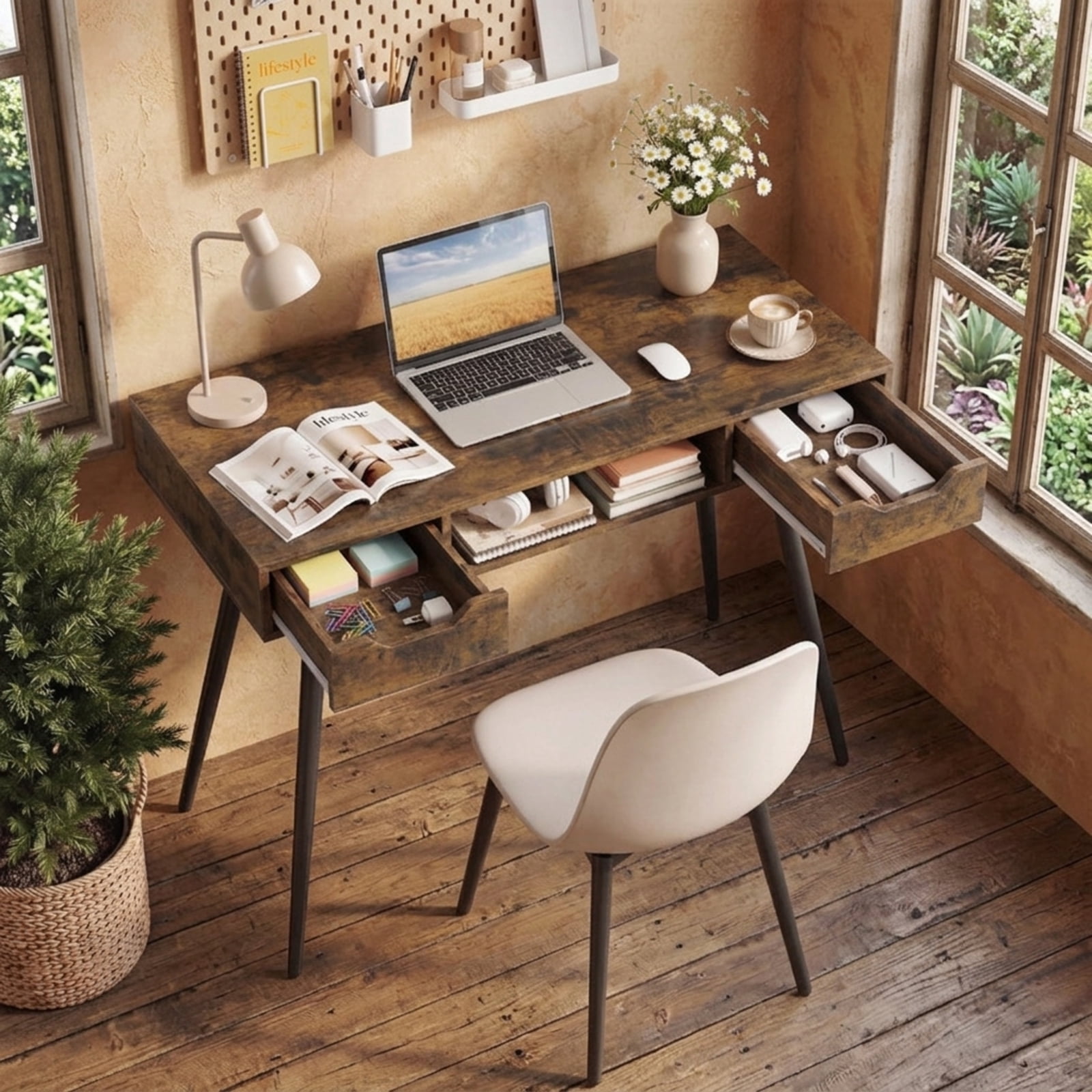 Furnibear Writing Desk 42.5 Inch Mid Century Modern Desk with Metal Legs and Drawers, Home Office Computer Desk with Storage, Rustic Brown