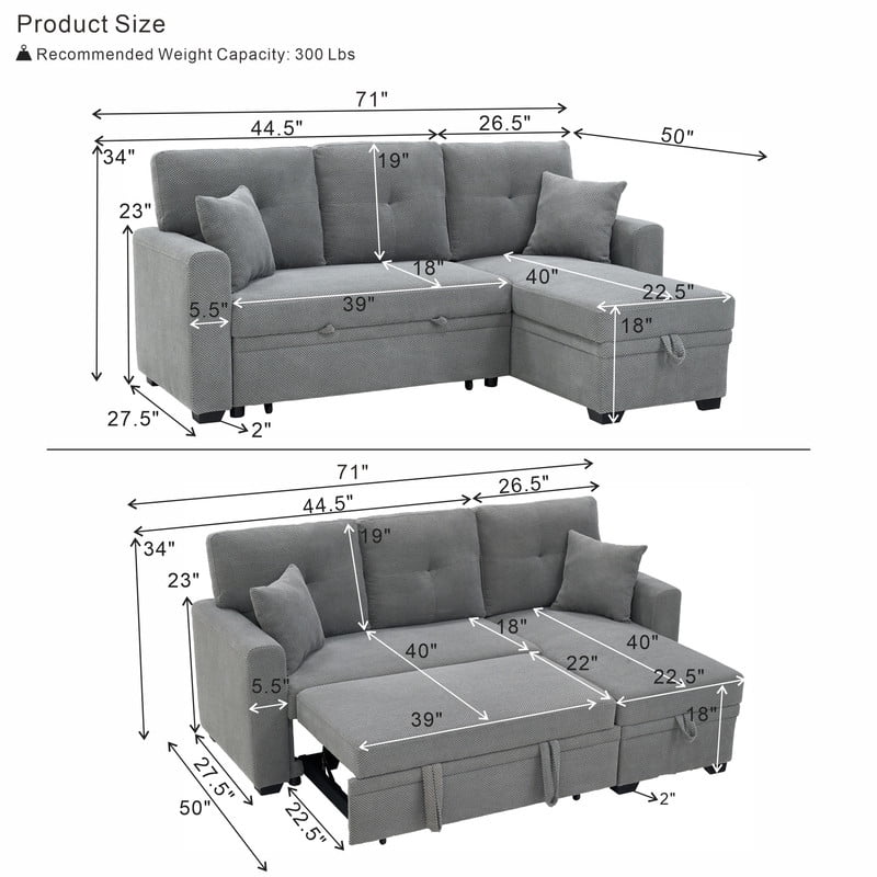 Convertible Sleeper Sectional Sofa with Pull-Out Bed & Reversible Chaise, Loveseat Couch with Hidden Storage for Small Spaces