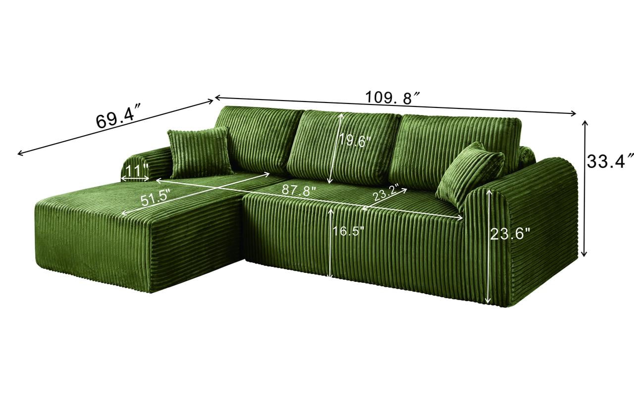 Shikeyi 109" Cloud Modular Sectional Sofa Couch with L-Shape Chaise,Modern Minimalist Upholstered Boneless Couches for Living Room Bedroom, Green