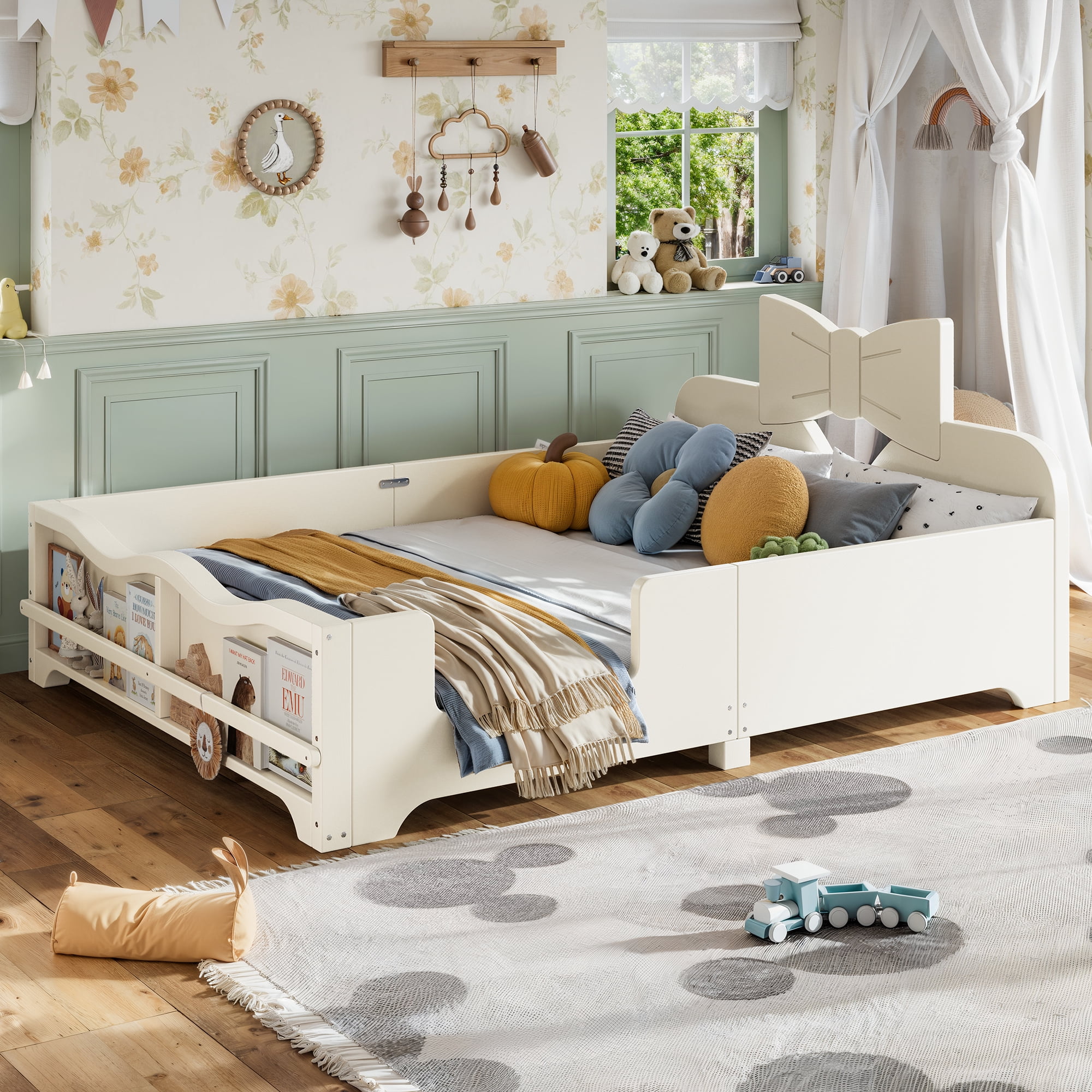 HOQBN Full Size Kids Platform Bed with Surround Guardrails, Cute Bowknot Shaped Headboard & Built-in Side Bookshelf, Wood Finish Floor Bed Beige