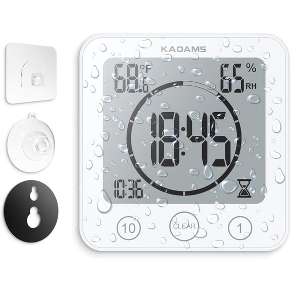 KADAMS Shower Clock Waterproof Bathroom Timer – Digital Wall Clock with Countdown, Magnetic Kitchen Clock with Temperature & Humidity, Suction Cup for Kids Shower Spa Sauna Cook Bath- Black