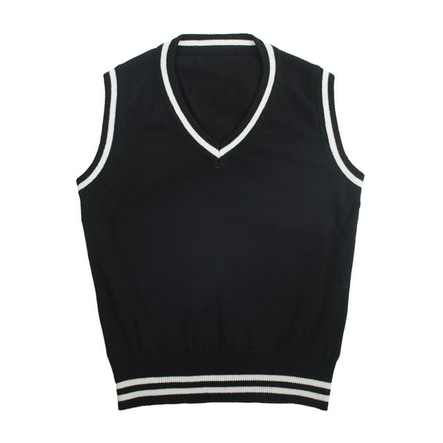 TOPTIE Chandail Sans Manches d'Uniforme pour Garçon avec Rayures, Col en V, Tricoté, Chandail-Over - Noir - 5