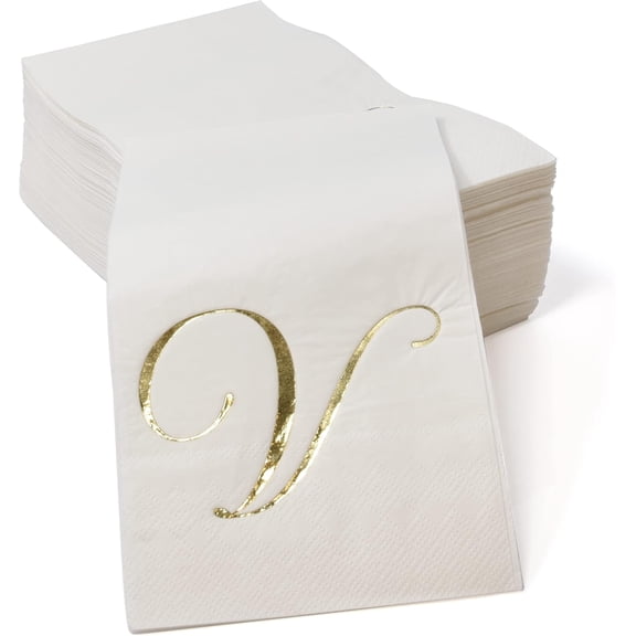 Gift Boutique Monogram Guest Napkins, Letter V Gold Foil, 100 Count, 2-Ply Disposable Paper Dinner Napkins for Wedding Party Bathroom Decor, White