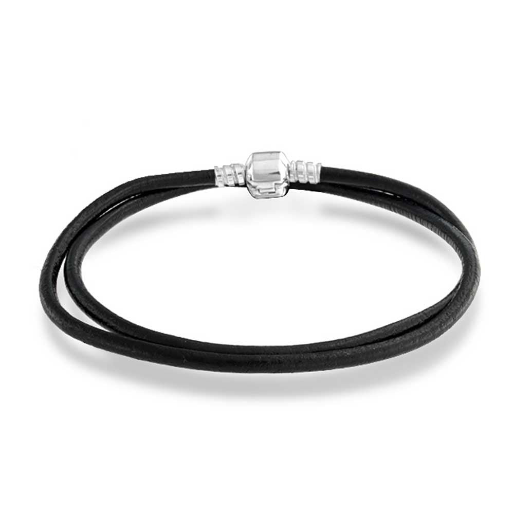 Genuine Black Leather 3mm Cord Bracelet with 925 Sterling Silver Ends and Clasp
