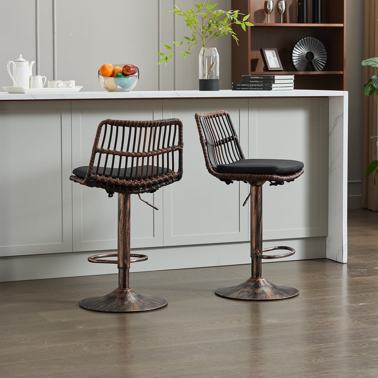 Demi Bonn 35" Counter Height Bar Stools Set of 2, Rattan Swivel Barstools with Back, Kitchen Island Countertop Chairs for Dining Room, Brown