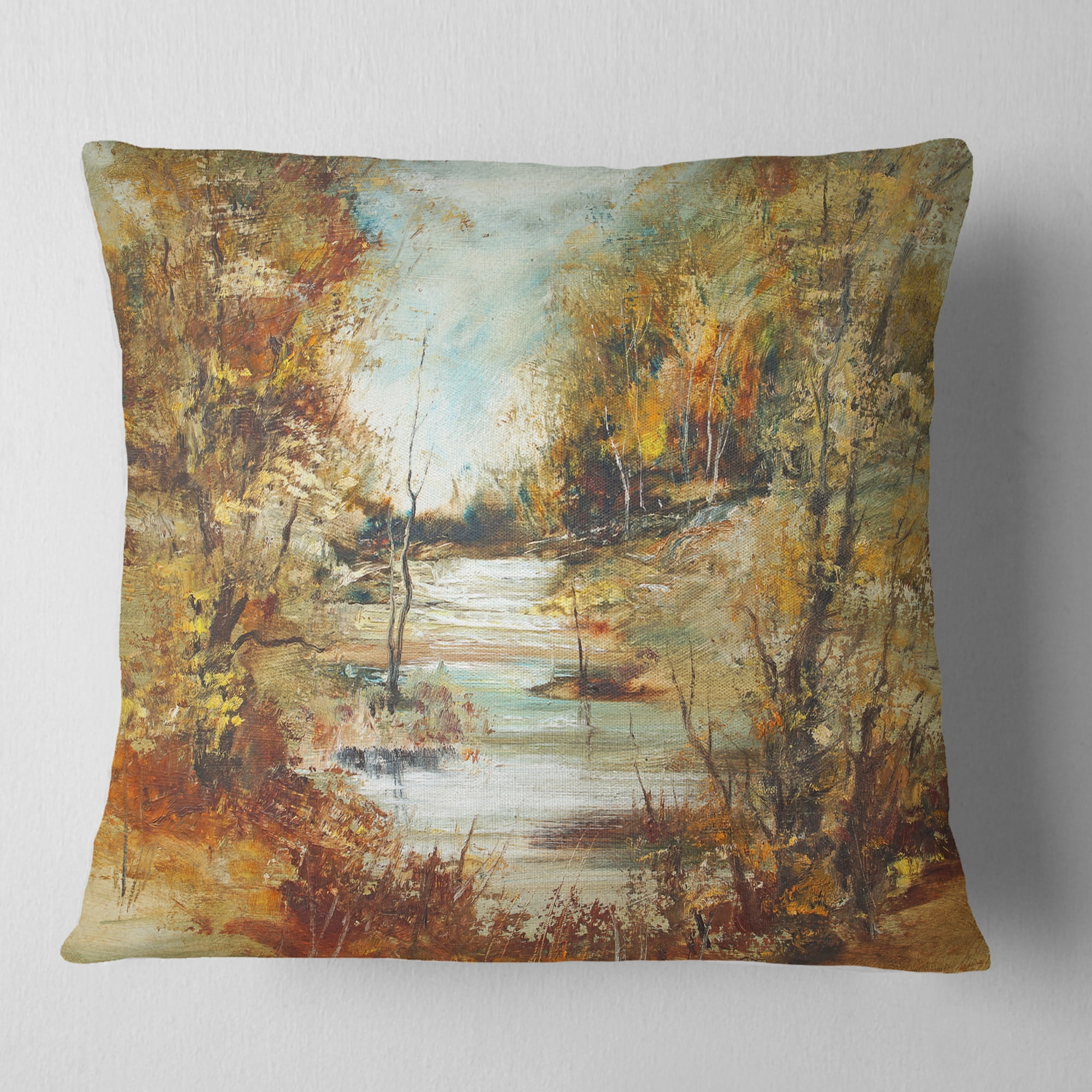 Designart Brown River in Forest - Landscape Painting Throw Pillow - 16x16