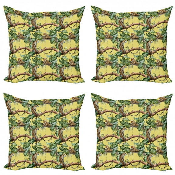 Ambesonne Watercolor Throw Pillow Cover 4 Pack, Leopards in Jungle, 18", Yellow Green Pale Yellow