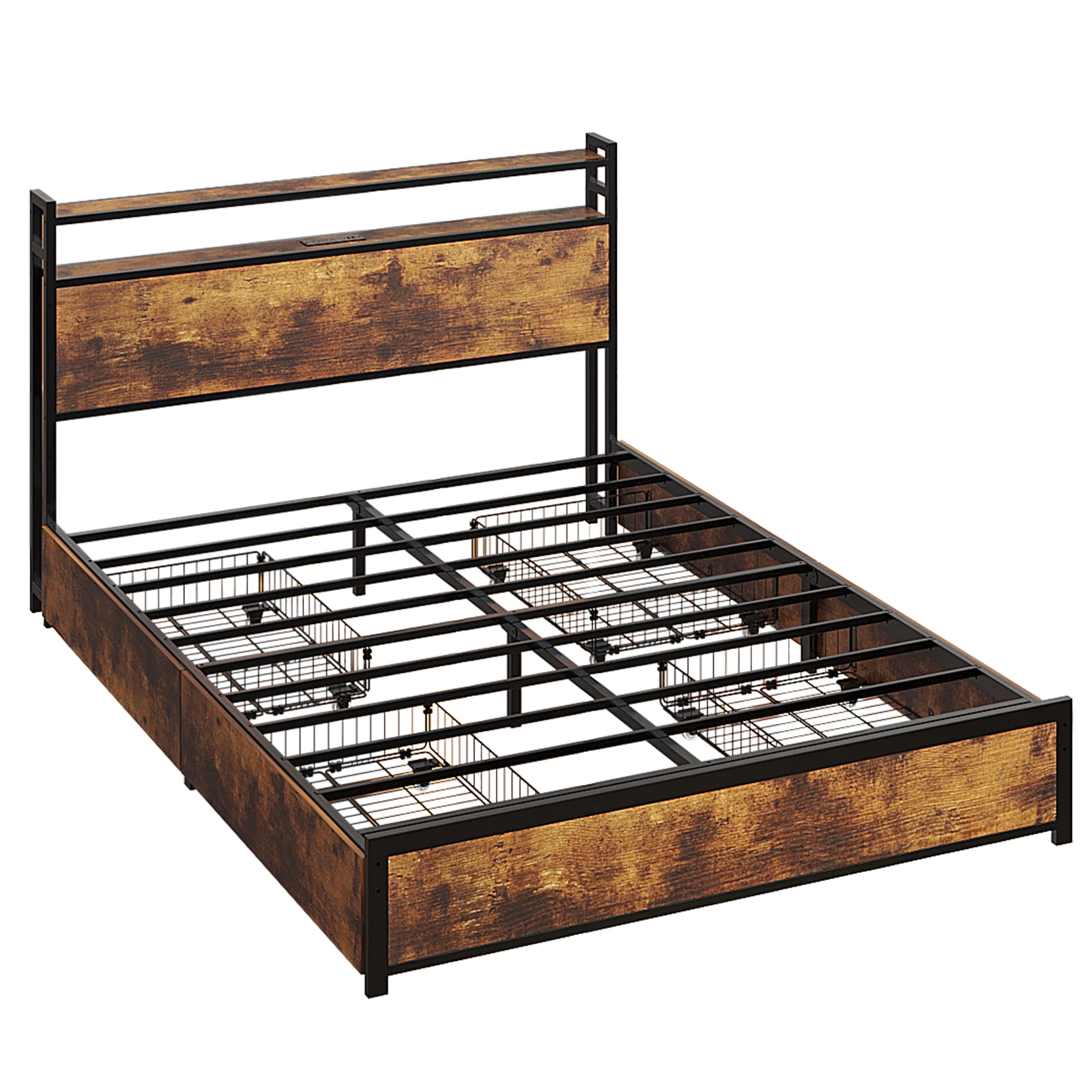 Ktaxon Queen Size Bed Frame with Charging Station & LED Storage Headboard, Metal Platform Bed Frame with 4 Underbed Drawers for bedroom, Vintage Brown