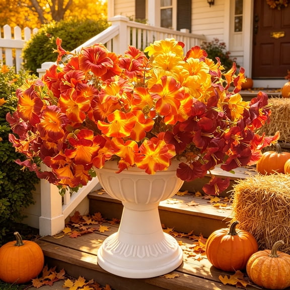 14 Bundles Artificial Fall Plants Flowers for Outdoor Decoration, 14" UV Resistant Faux Silk Morning Glory for Porch Patio Yard Autumn Decor