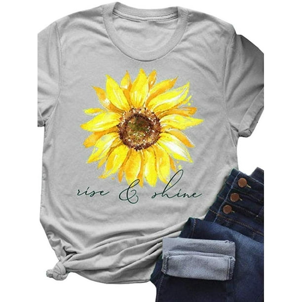Women Sunflower Graphic Tee Summer Casual T Shirt Funny Letter Printed  Short Sleeve Top