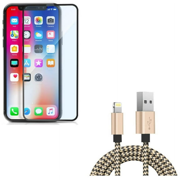 iPhone XS/X - Anti-Glare Screen Protector w 6ft USB Cable - Tempered Glass Matte 3D Curved Edge Anti-Fingerprint Case Friendly, Charger Cord Power Wire Sync Braided