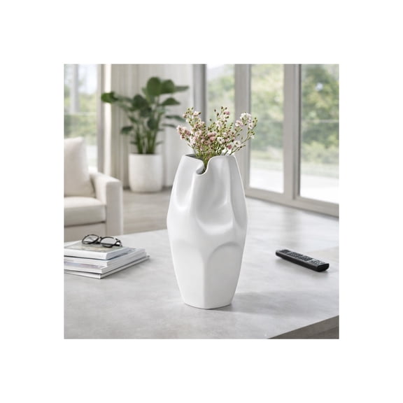 Sculptural Abstract Vase for Living Room Accent - Modern Ceramic Flower Vase for Home, Bedroom, House, and Office Table Decor - Decorative Display for Mantel, Console, or Kitchen - 14", White