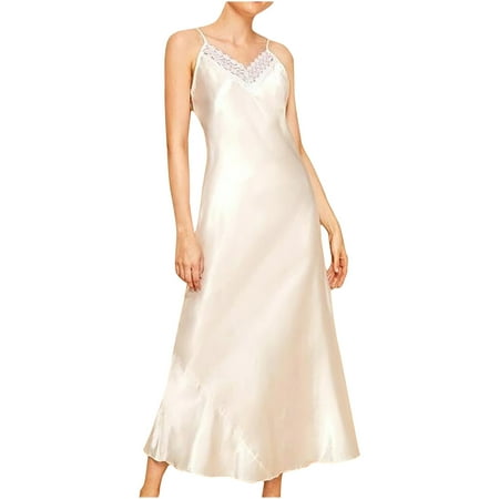 Sleepwear For Women On Clearance Sale Satin Lingerie Fashion Breathable Patchwork V Neck Spaghetti Strap Home Dress Long Nightdress White L