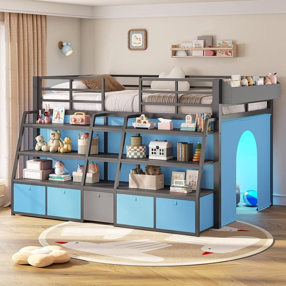 Twin Low Loft Bed with LED Light, 5 Drawers & Storage Shelves, Metal Frame with Stairs, Safety Guardrail, Space-Saving Design, Gray