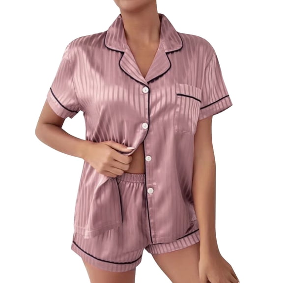 Eashery Pink Pajamas For Women Women's Satin Sleepwear Short Sleeve Button Shirt and Shorts Pajama Set H 3X-Large