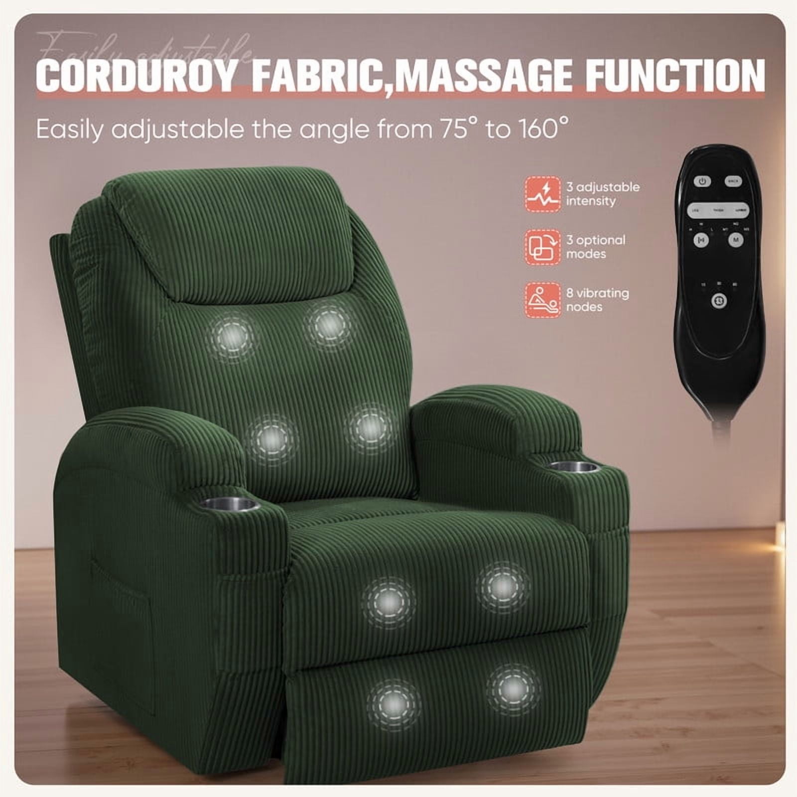 Homall Power Lift Massage Recliner Chair with Eight Vibrating Massages Ergonomic Chair with Side Pocket and Soft Corduroy for Living Room,Green