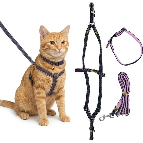 Adjustable Cat Harness, Leash & Collar Set for Medium Cats – Lightweight Breathable Walking Harness with Matching Leash and Bell Collar, Pink, Large