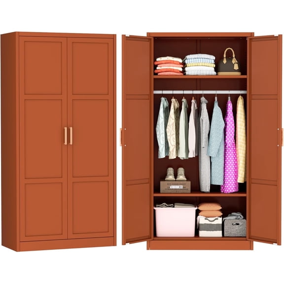 SOLAURA Metal Armoire Wardrobe Closet with Hanging Rod, 71" H Storage Cabinet with Adjustable Shelves, Freestanding Closet Cabinet for Garage, Home, Office (Brown)