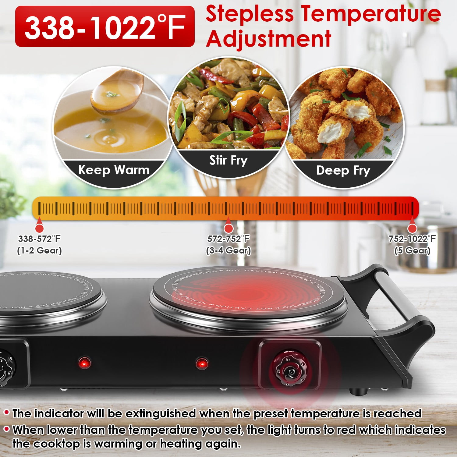 Dual Electric Hot Plate - 5-Second Fast Heating with 6.3 & 7.5 Inch Glass Plates, 800W+1000W Power, Thermostat Control & Auto Shut-Off, 338-1022°F Adjustable Temp, Portable for Camping, Dorms, Small