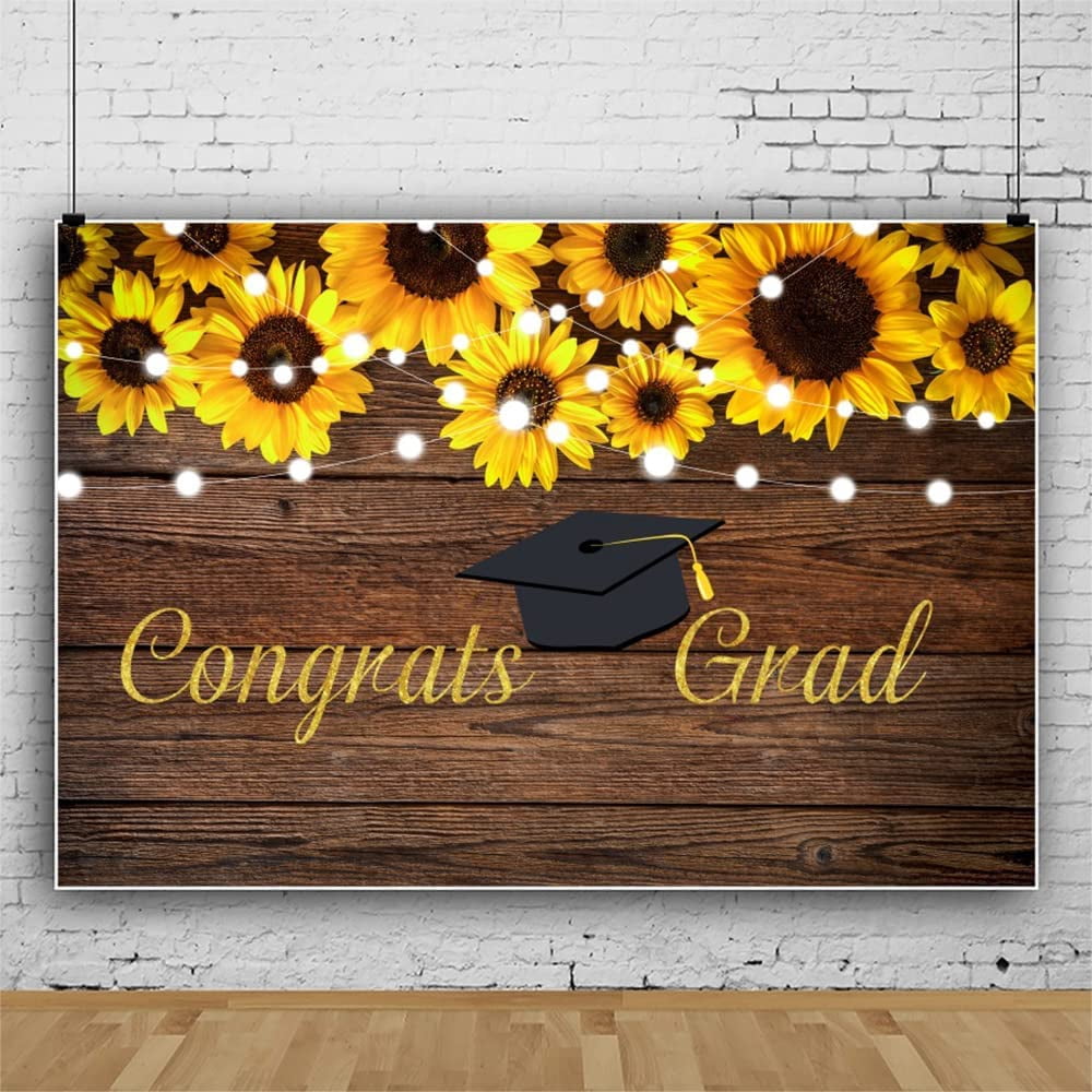 5 x 4 feet sunflower graduation backdrop, 2025 graduation congratulations background, rustic wooden board, flowers, bachelor's cap, graduation banner, party decoration.