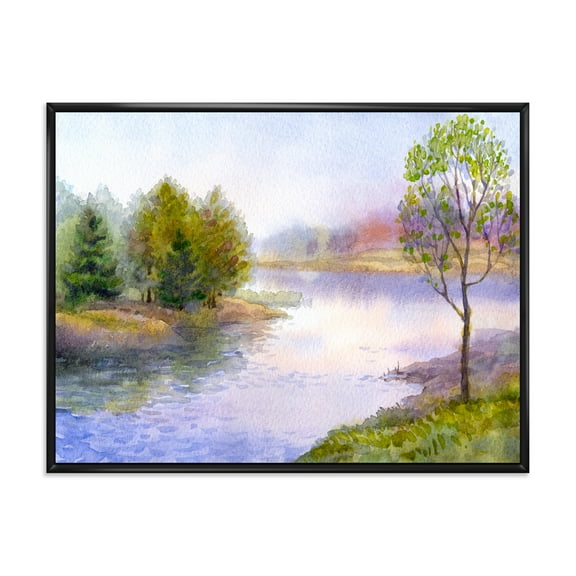 Trees On The Bank Of River 20 in x 12 in Framed Painting Canvas Art Print, by Designart