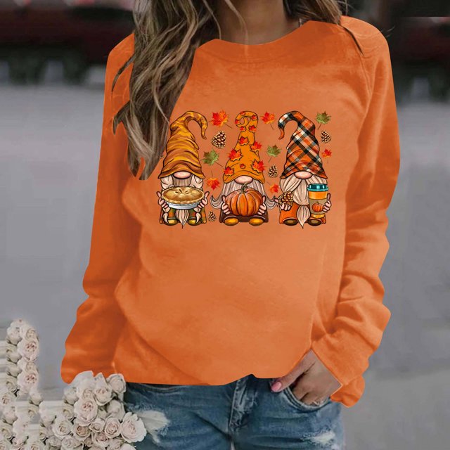 Meichang Hauts pour Femmes Automne Action de Grâce T-Shirts Graphiques Décontractés Manches Longues Coupe Ample Col Rond Chandail Blouse Hauts