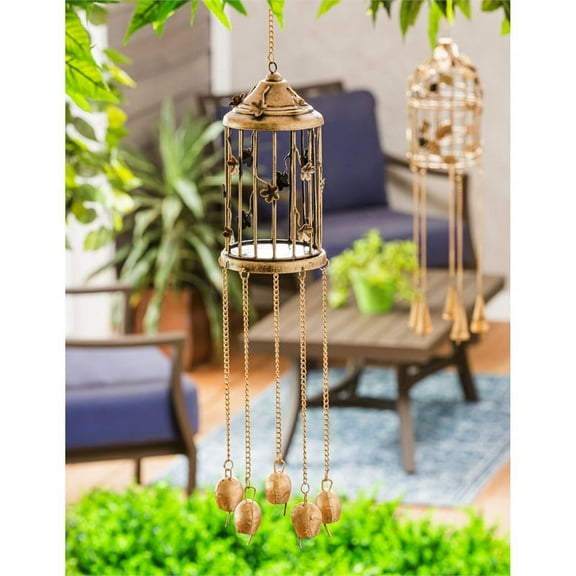 Evergreen Decorative Bird Cage Wind Chime with Botanical Details, 2 Asst., 4.5''x 4.5'' x 25'' inches