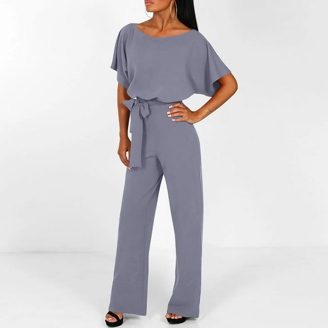LOVZFMLL Combinaison pour Femme, Été à Manches Courtes Confortable Décontractée à Bretelles Combinaison Unie Gris, TG