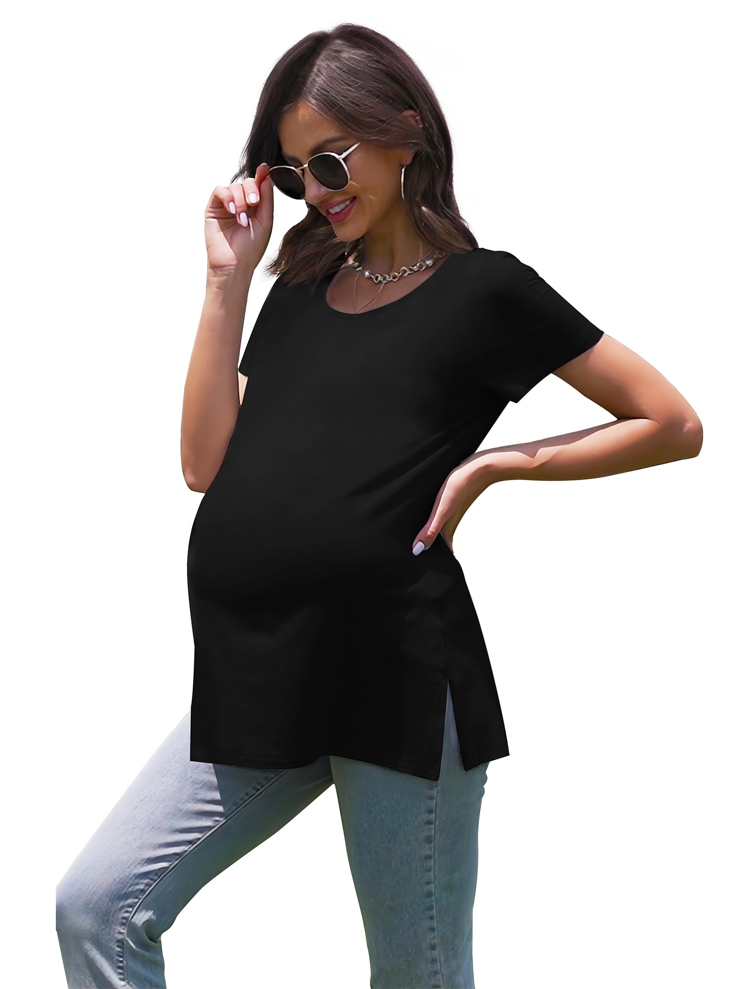 Smallshow Women's Maternity Tops Shirts Short Sleeve Split Side Pregnancy Clothes