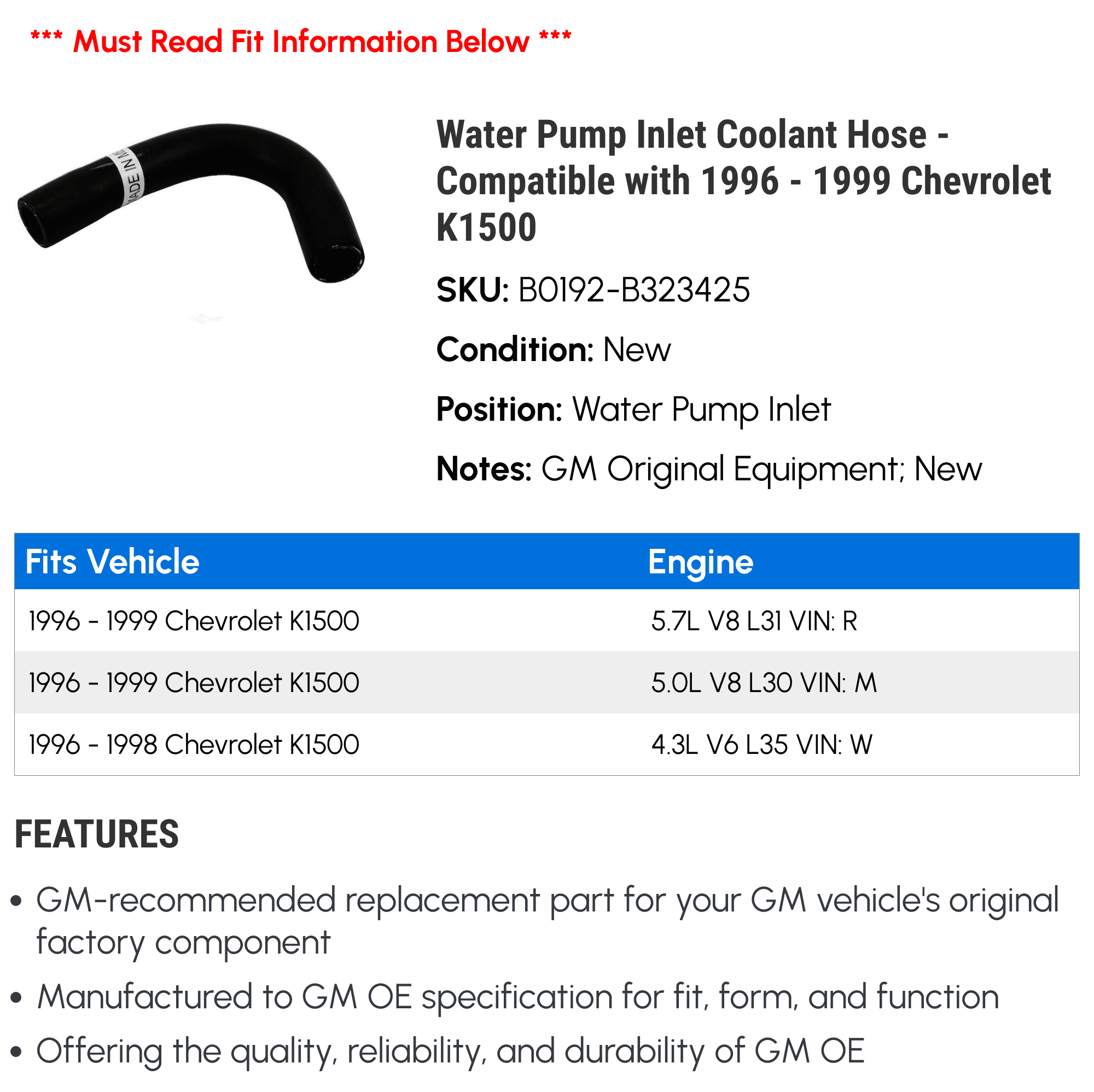 Water Pump Inlet Coolant Hose - Compatible with 1996 - 1999 Chevy K1500 1997 1998