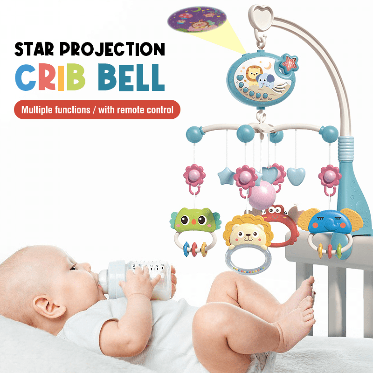 Baby Crib Mobile with Music, Lights & Timming Function, Projector Rotating Hanging Rattles Toys Baby Mobile Gifts Toy for Boys Girls(Red)