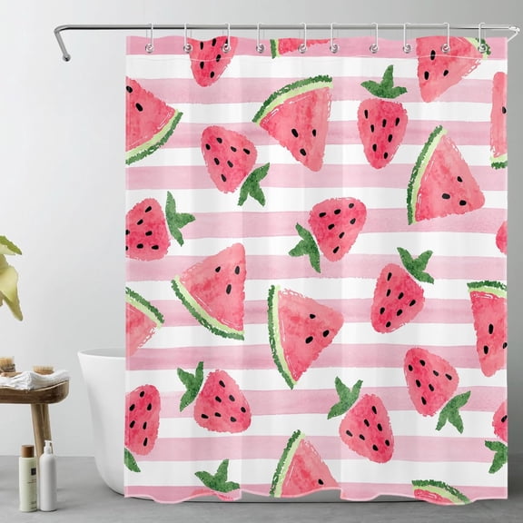Pink and White Striped Shower Curtain for Bathroom, Summer Tropical Fruit Pink Watermelon and Strawberry Fabric Shower Curtain with Hooks,Watercolor Bathroom Curtain Shower Set, 84" W x 72" L