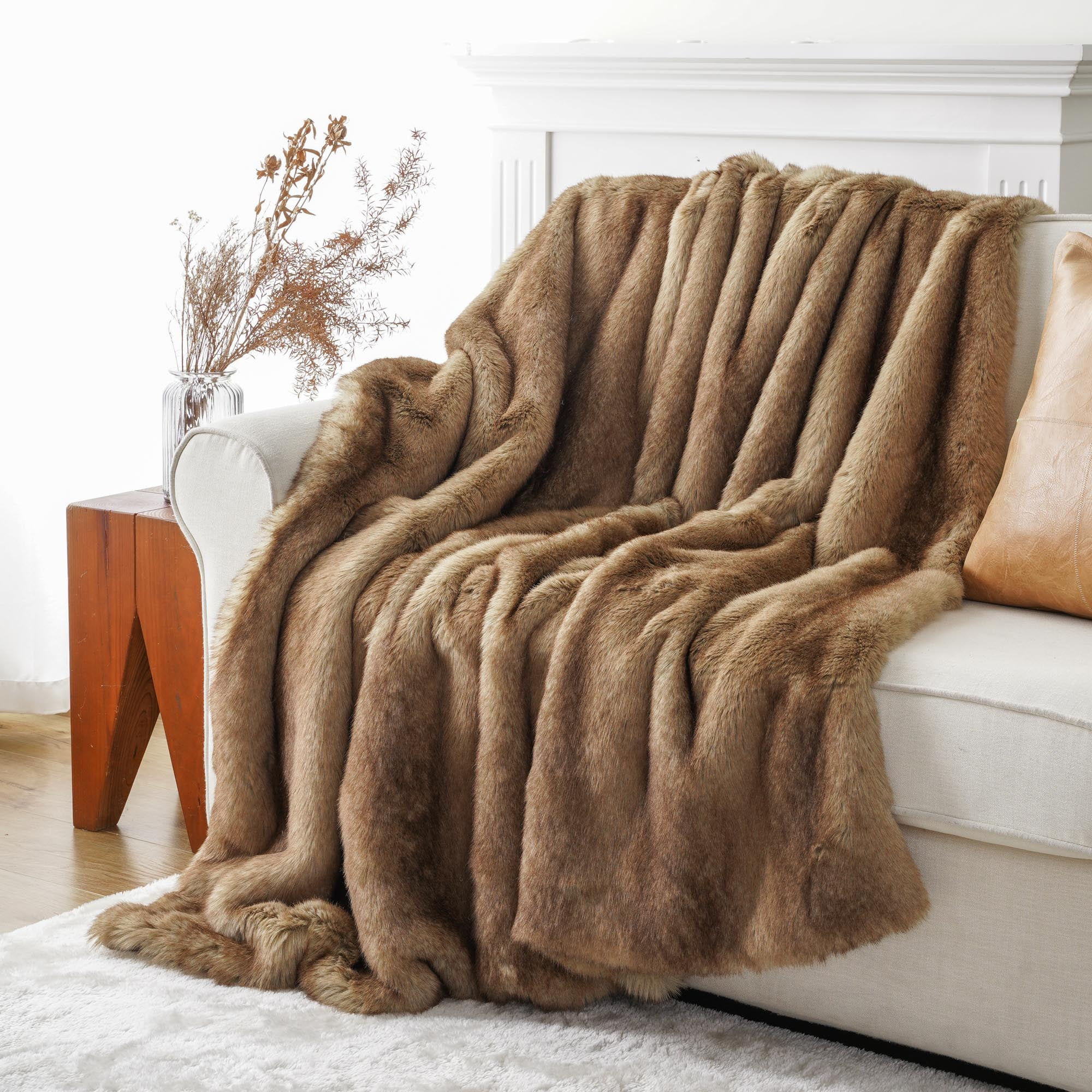 Battilo Camel Faux Fur Throw Blanket,Cozy Thick Mink Fur Blanket for Bed,Large Camel Throws,60"x80"