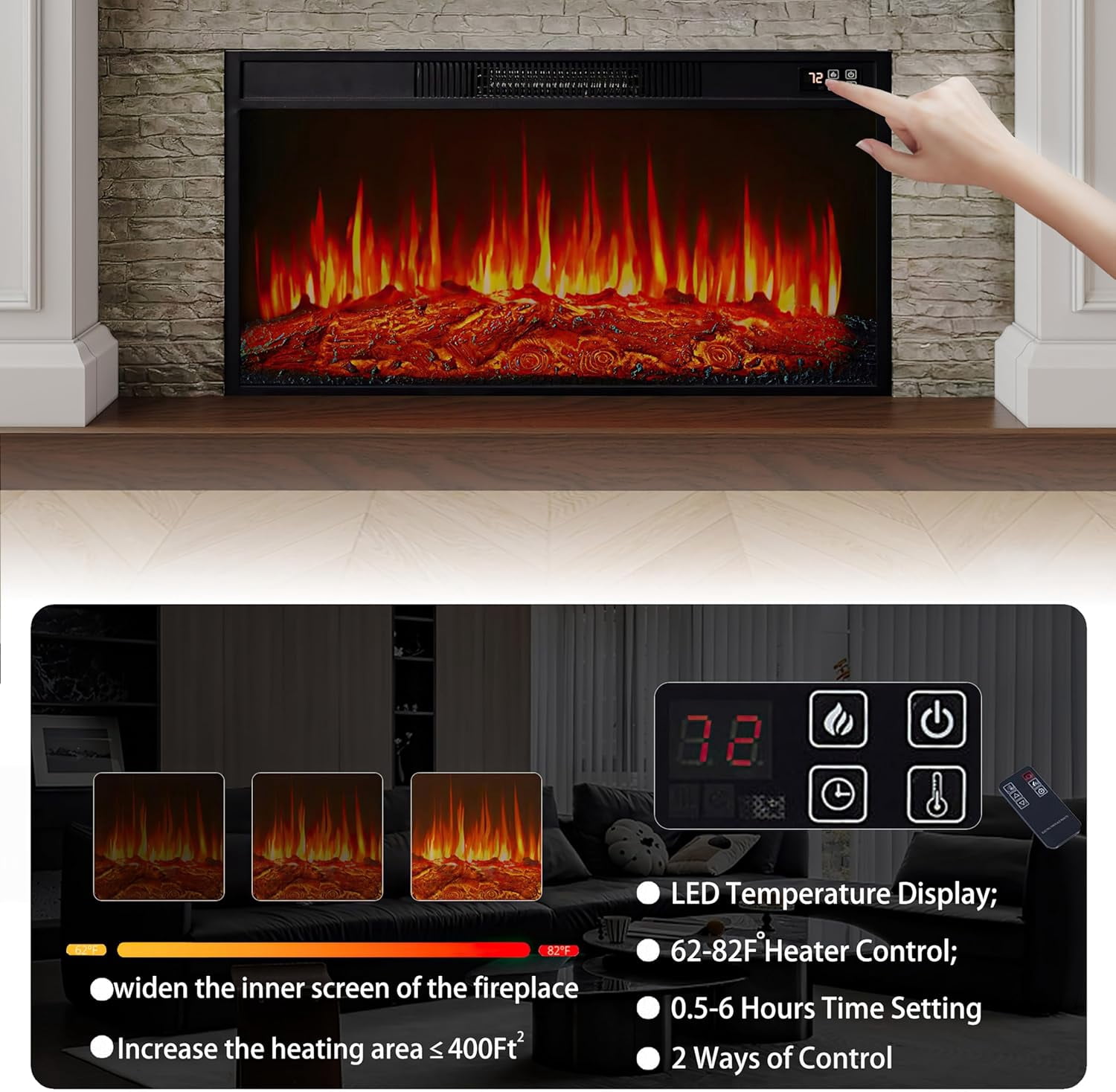 BOSHIRO Electric Fireplace with Mantel, 60 Inch Solid Wood Fireplace TV Stand for Living Room Bedroom