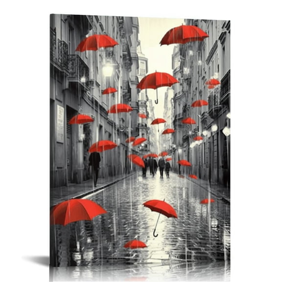 JEUXUS Modern Giclee Canvas Prints Paris Black and White with Eiffel Tower Red Umbrellas Flying Wall Art Landscape Wall Decor Paintings on Canvas Framed Ready to Hang 16x20 inch 16x20\