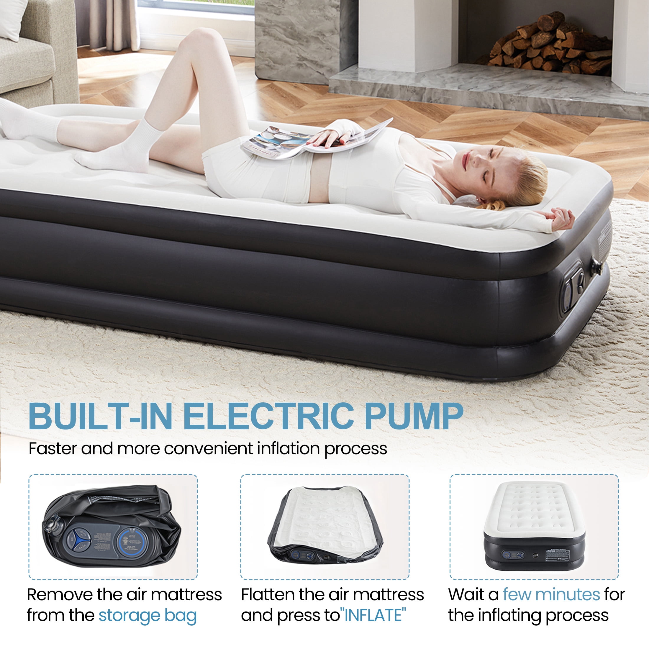 Aukfa 18" Tween Air Mattress with Built-in Pump, Inflatable Airbed for Camping, Travel, 660lbs