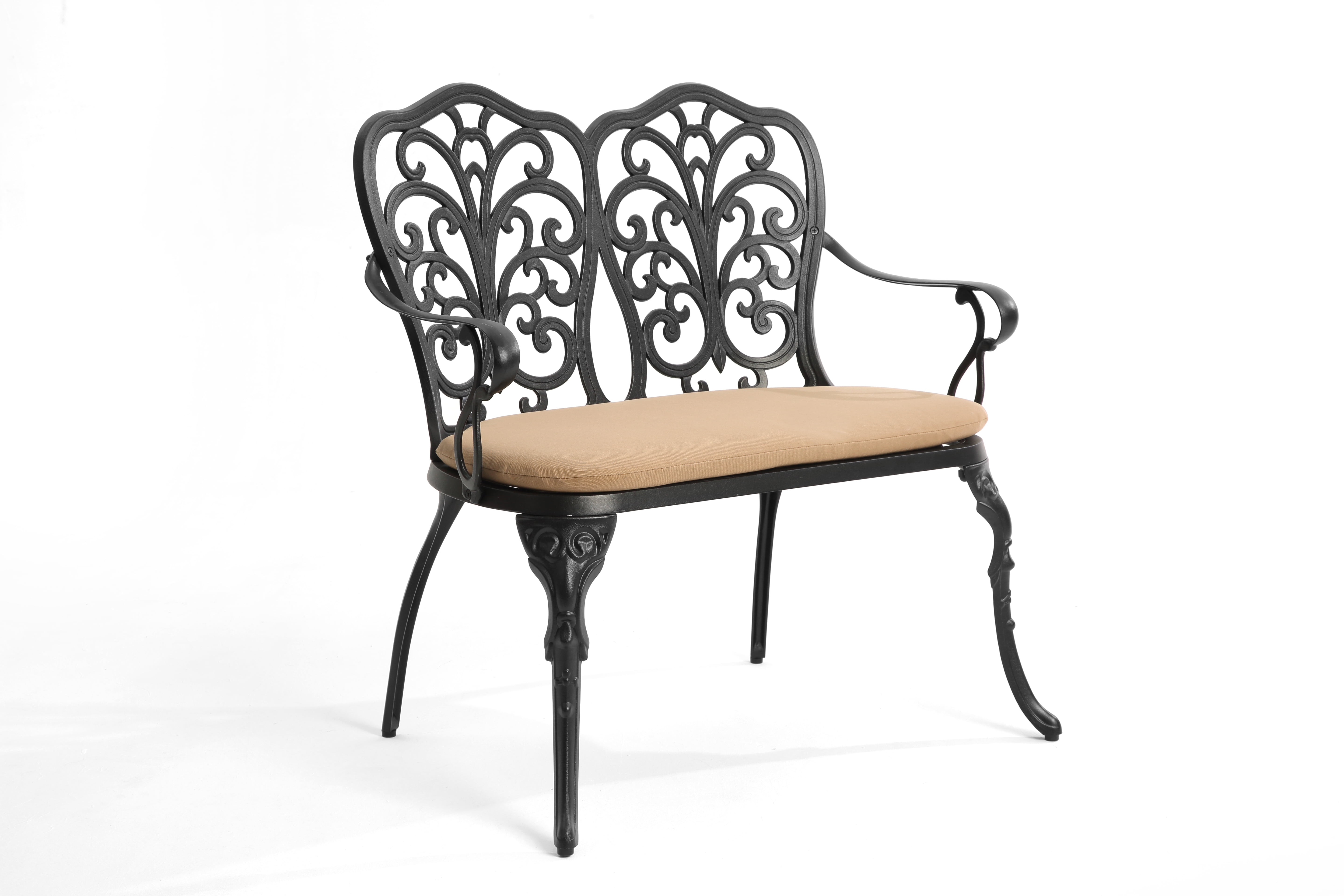 Cast Aluminum Outdoor Bench with Tulip Pattern and Removable Cushion, Weather-Resistant Patio Garden Bench, Black