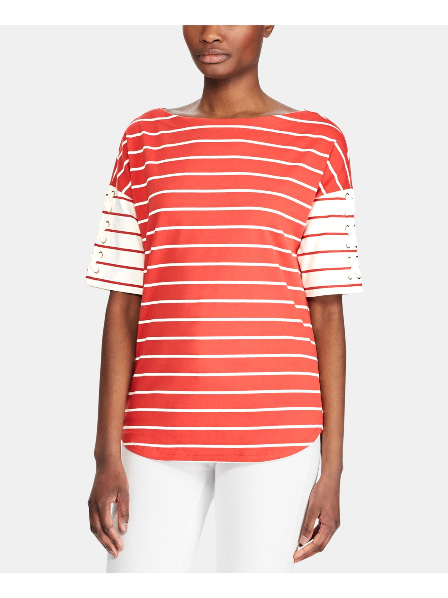 Red Striped Short Sleeve Boat Neck 