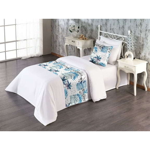 Tropical Bed Runner Set, Abstract Boho Vibe Palm Tree Illustrations with Zigzag and Dots Art, Decorative Bedding Scarf & a Pillow Sham for Hotels Homes, Twin, Sea Blue Cadet Blue White, by Ambesonne