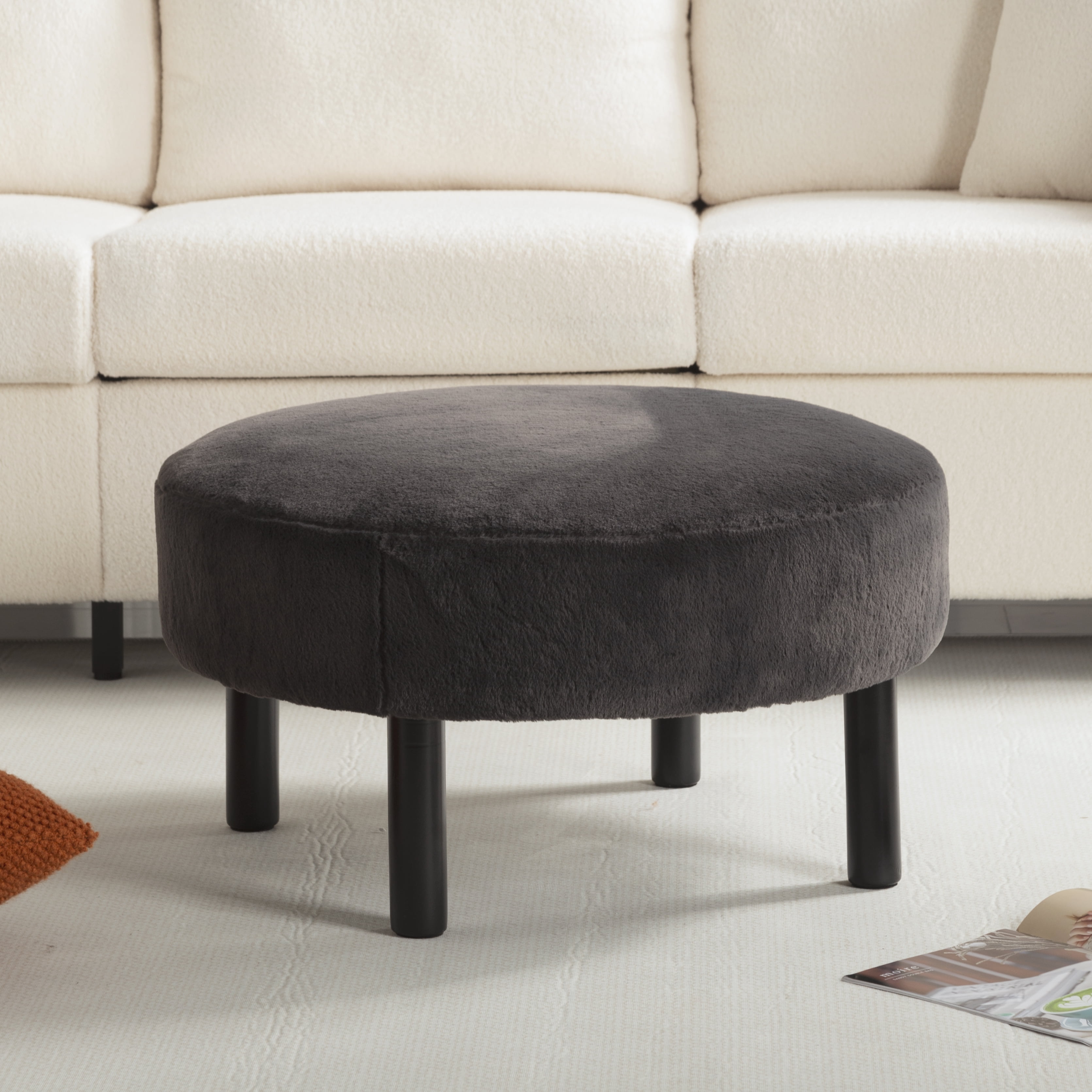 BSHTI 27.56 Inch Plush Round Ottoman with Faux Rabbit Fur, Sturdy Solid Wood Legs for Living Room, Accent Seat & Footrest(Dark Gray)