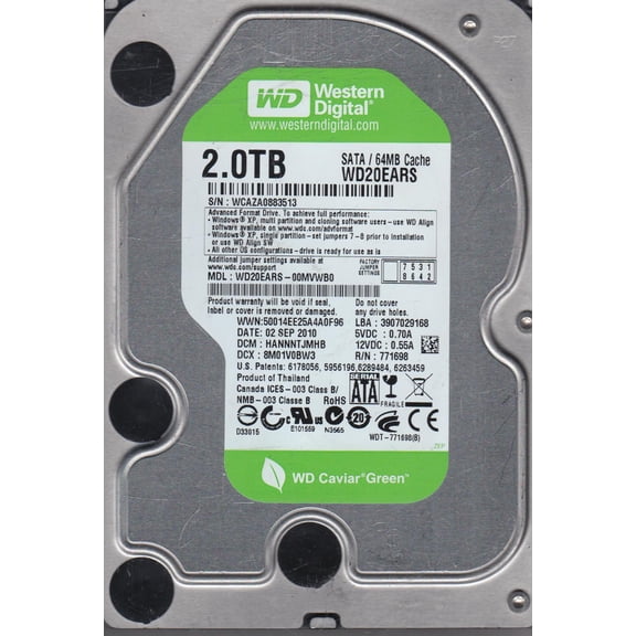 WD20EARS-00MVWB0, DCM HANNNTJMHB, Western Digital 2TB SATA 3.5 Hard Drive