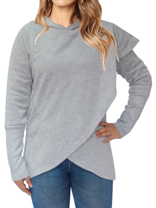 Alion Women Hooded Asymmetric Hem Wrap Sweatshirt Outwear Tops Blouse 