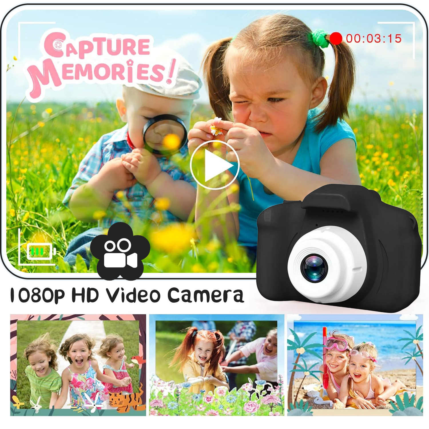 Sanmadrola Kids Digital Camera, Dual Lens, 1080p, Black photo 2