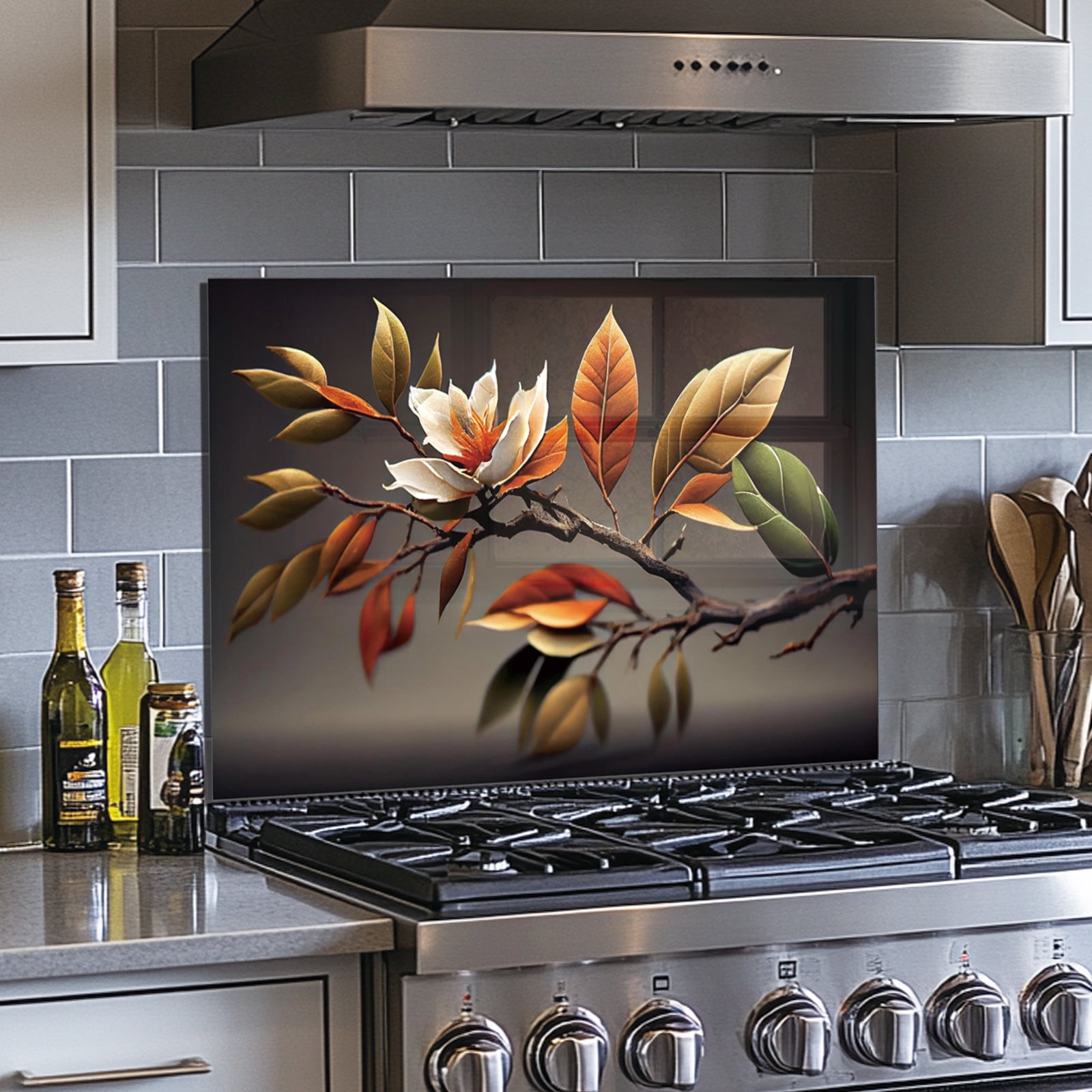 magnolia Tempered Glass Backsplash For Kitchen Behind Stove,Stove Back Top Cover,Easy to Clean Glass Splashback, Sink Cover Splash Guard,Home Kitchen Wall Decor