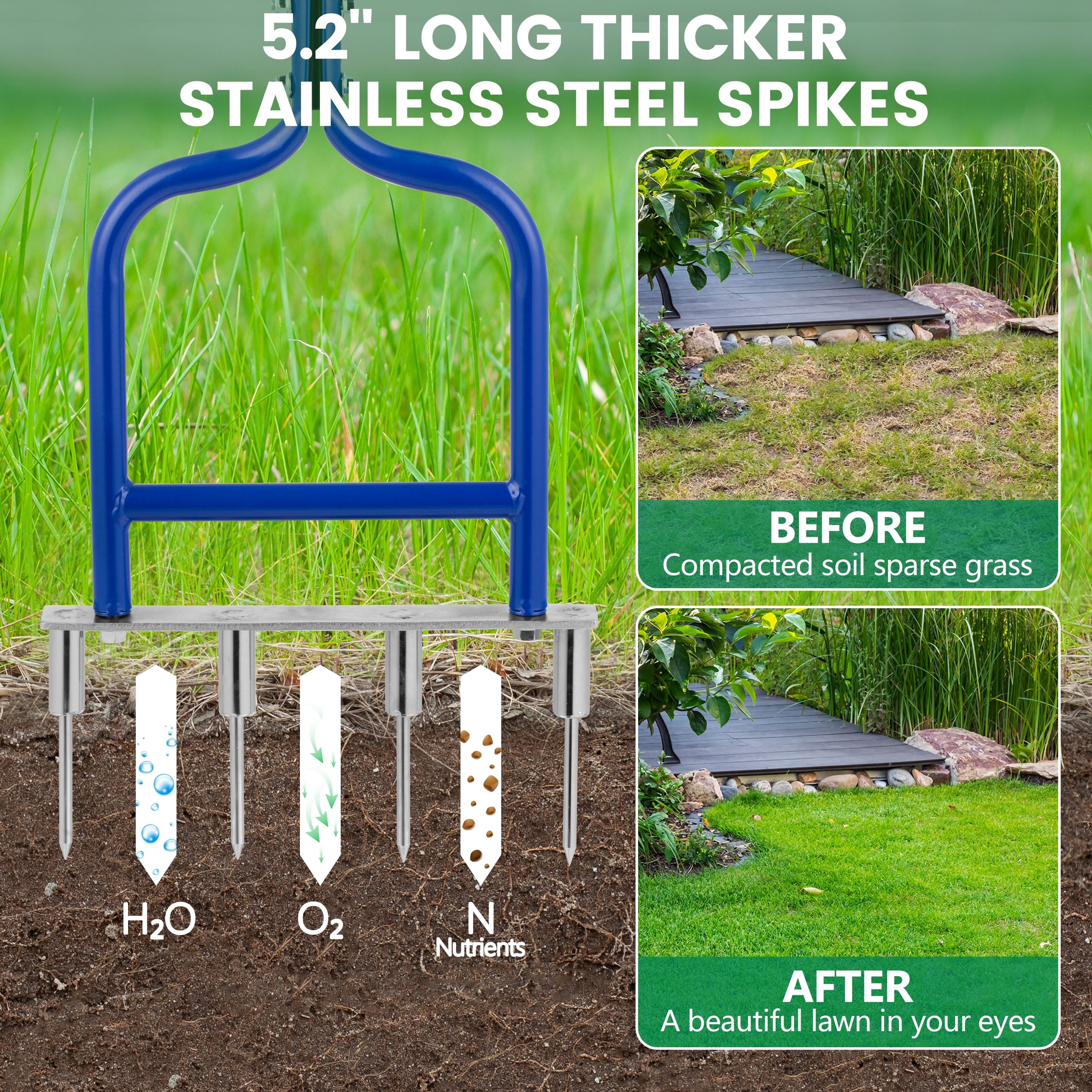 YOWPSY Spike Tine Fork Lawn Aerator - Four 5.2'' Stainless Steel Spikes Manual Gardening Hand Tool - Grass Dethatcher Aerator Lawn Tool with Solid Tines for Compacted Soil - Lawn Plugger Aerator.
