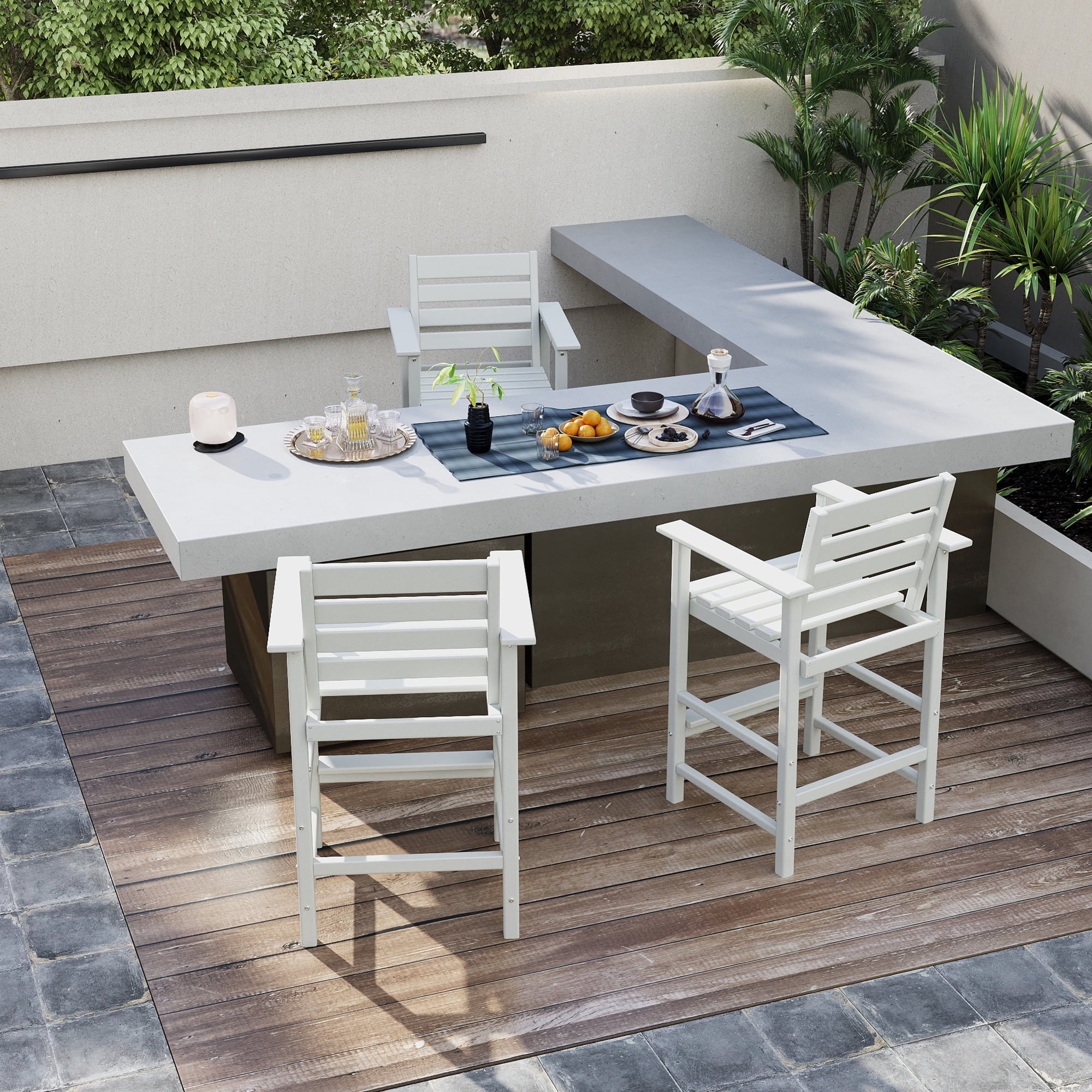 FOOWIN HDPE Plastic Tall Adirondack Chair Set of 2 W/ Outdoor Barstools and Connecting Tray, White