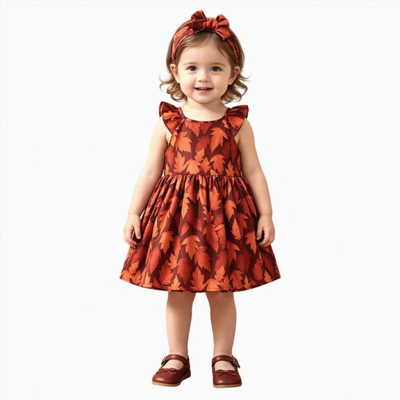 mgoYE Halloween Thanksgiving Toddler Baby Girls Dress Print Dresses Short Sleeve Clothes(Orange,1-2 Years)